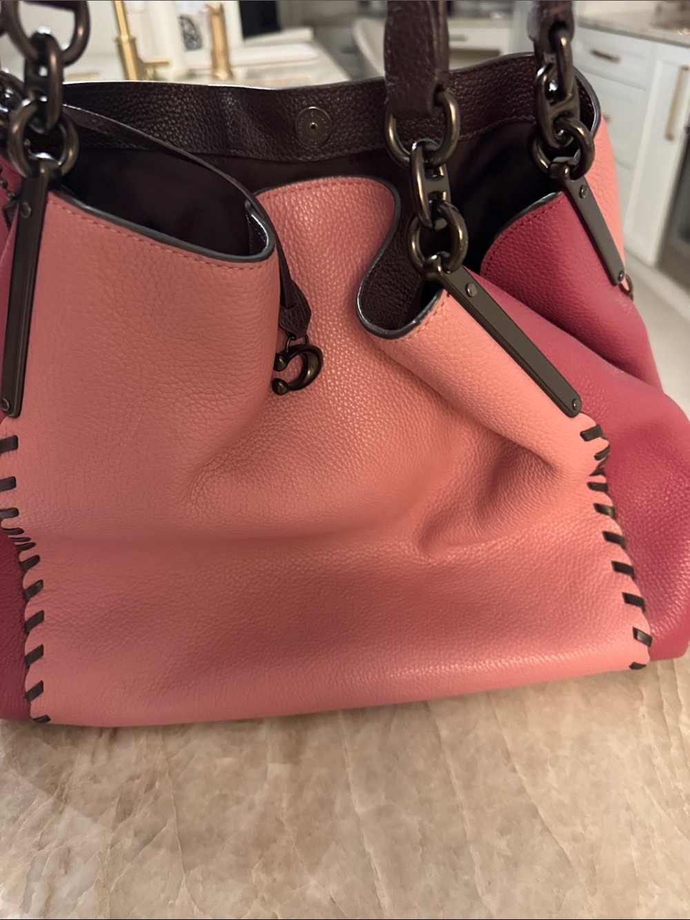 Coach Pink Pebbled Leather Tote with Dark Brown Handles - Picture 10 of 12
